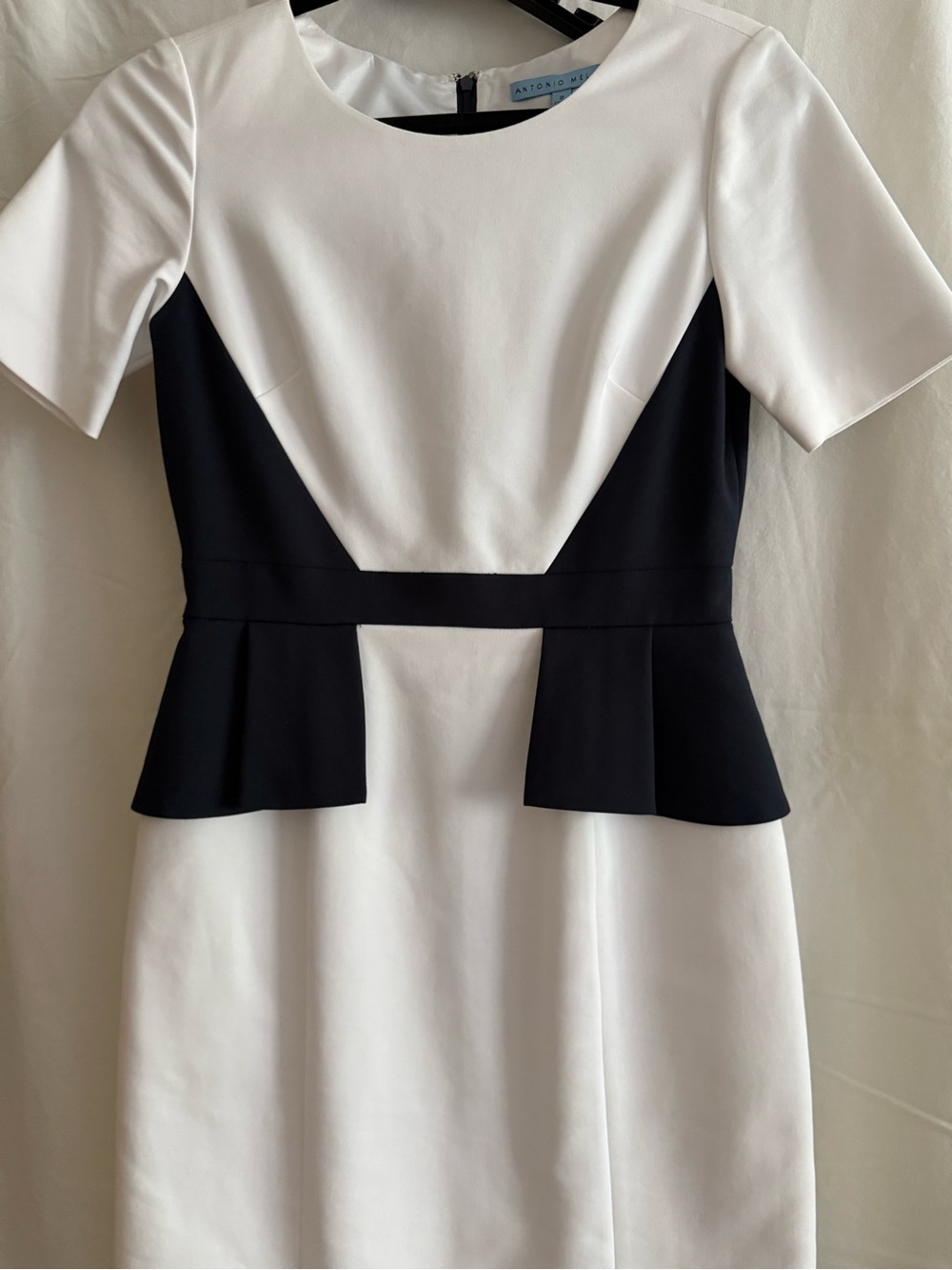 ANTONIO MELANI White and Navy Peplum Sheath Dress